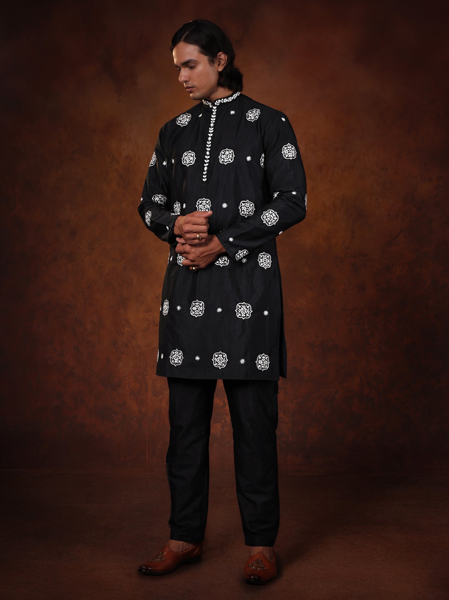 Black Dupion Silk Kurta Set with Hand-Embroidered Motifs