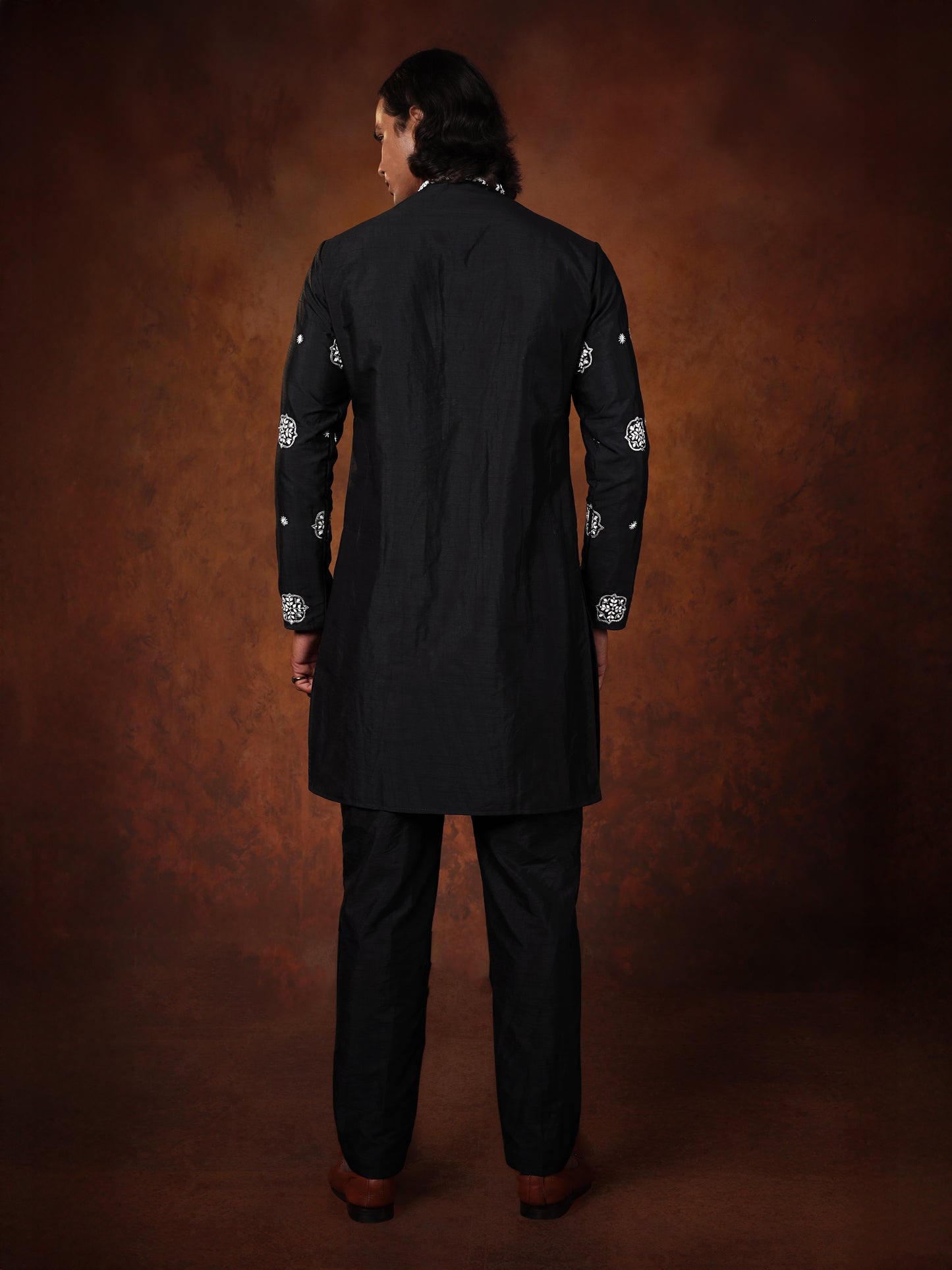 Black Dupion Silk Kurta Set with Hand-Embroidered Motifs