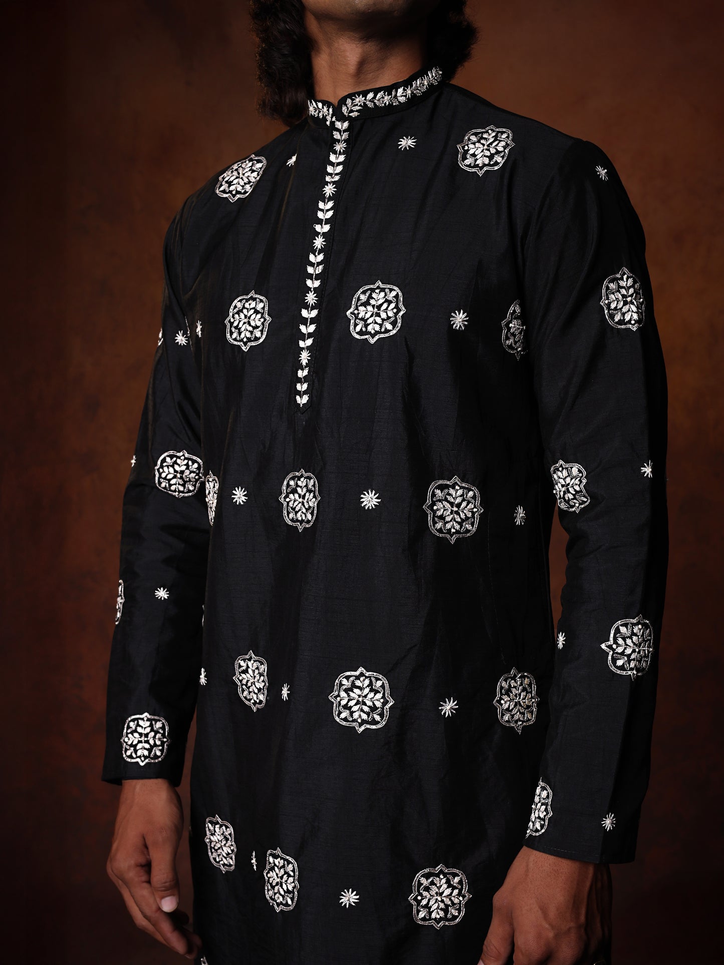 Black Dupion Silk Kurta Set with Hand-Embroidered Motifs