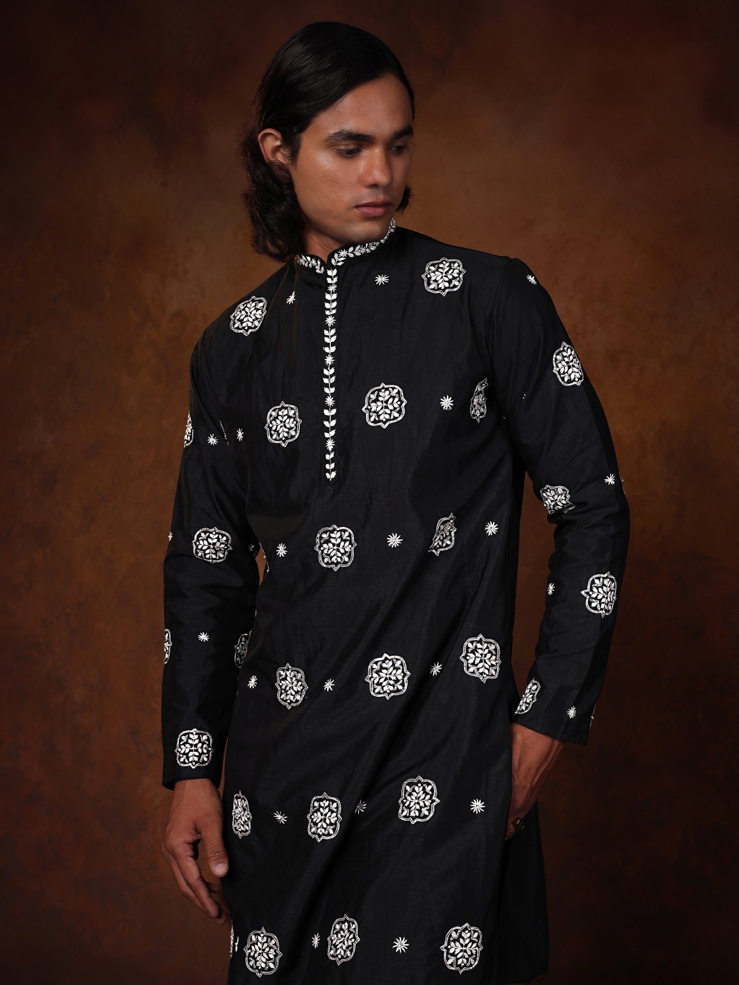 Black Dupion Silk Kurta Set with Hand-Embroidered Motifs
