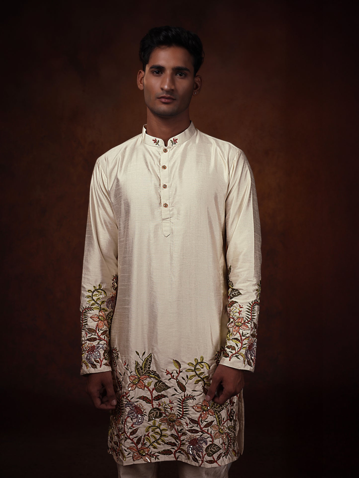 Off White Dupion Kurta With Flower Embroidered Kurta Set For Man