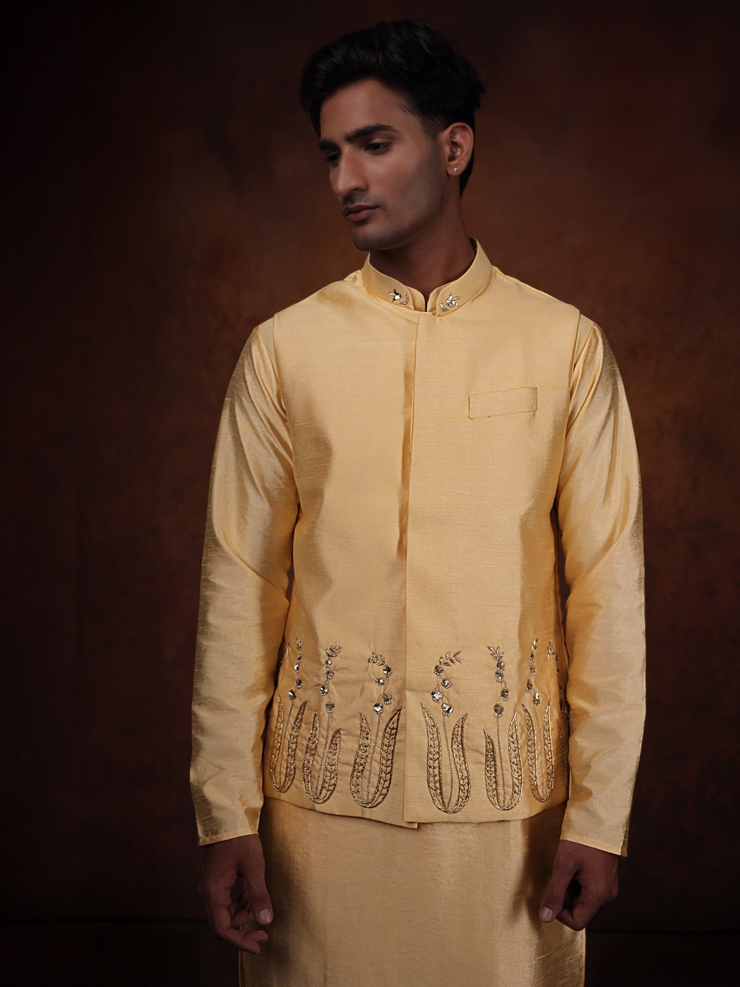 Warm gold Dupion Silk Kurta with Embroidered Jacket