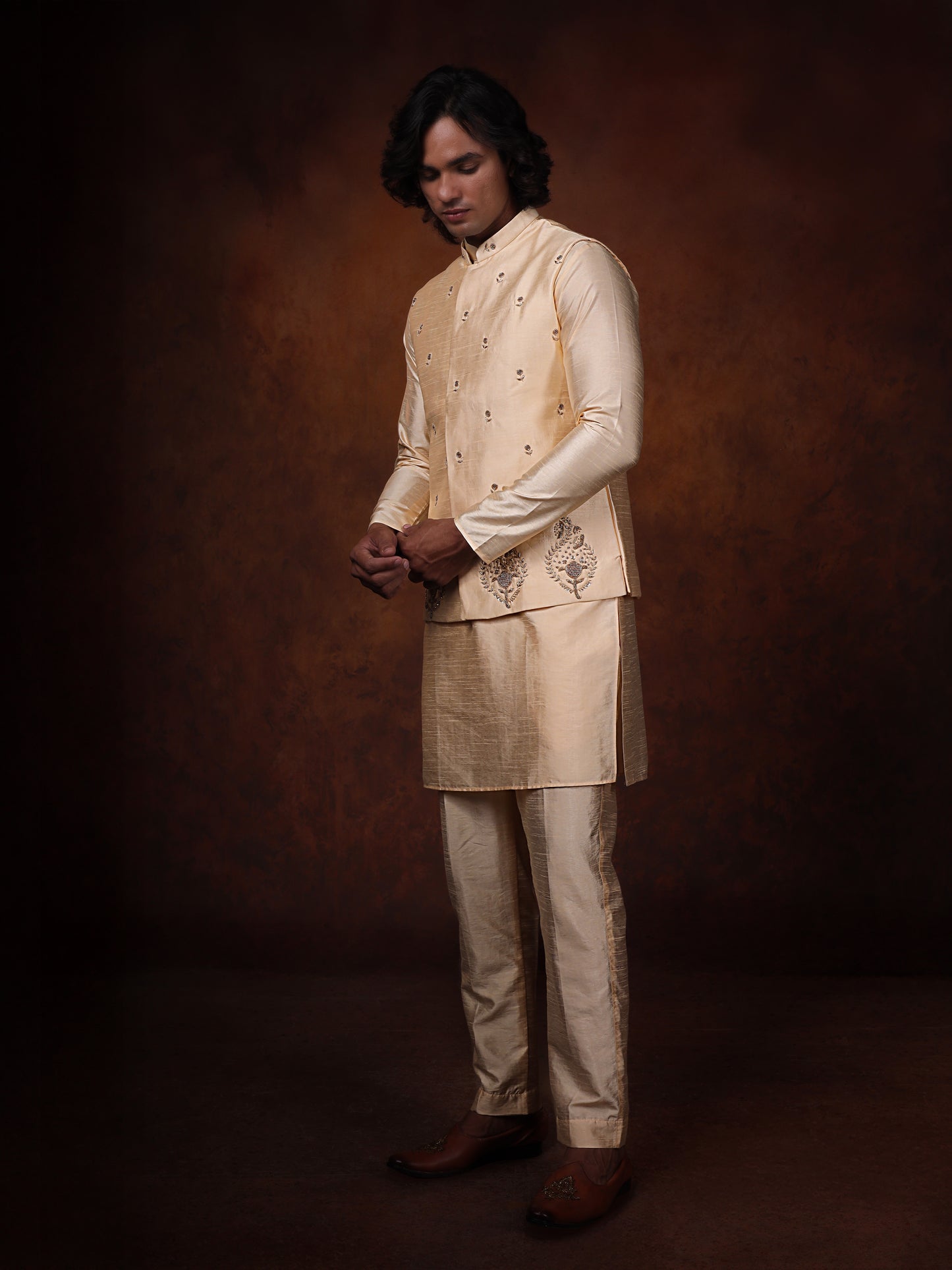 Ivory Dupion Silk Kurta With Embroidered Jecket