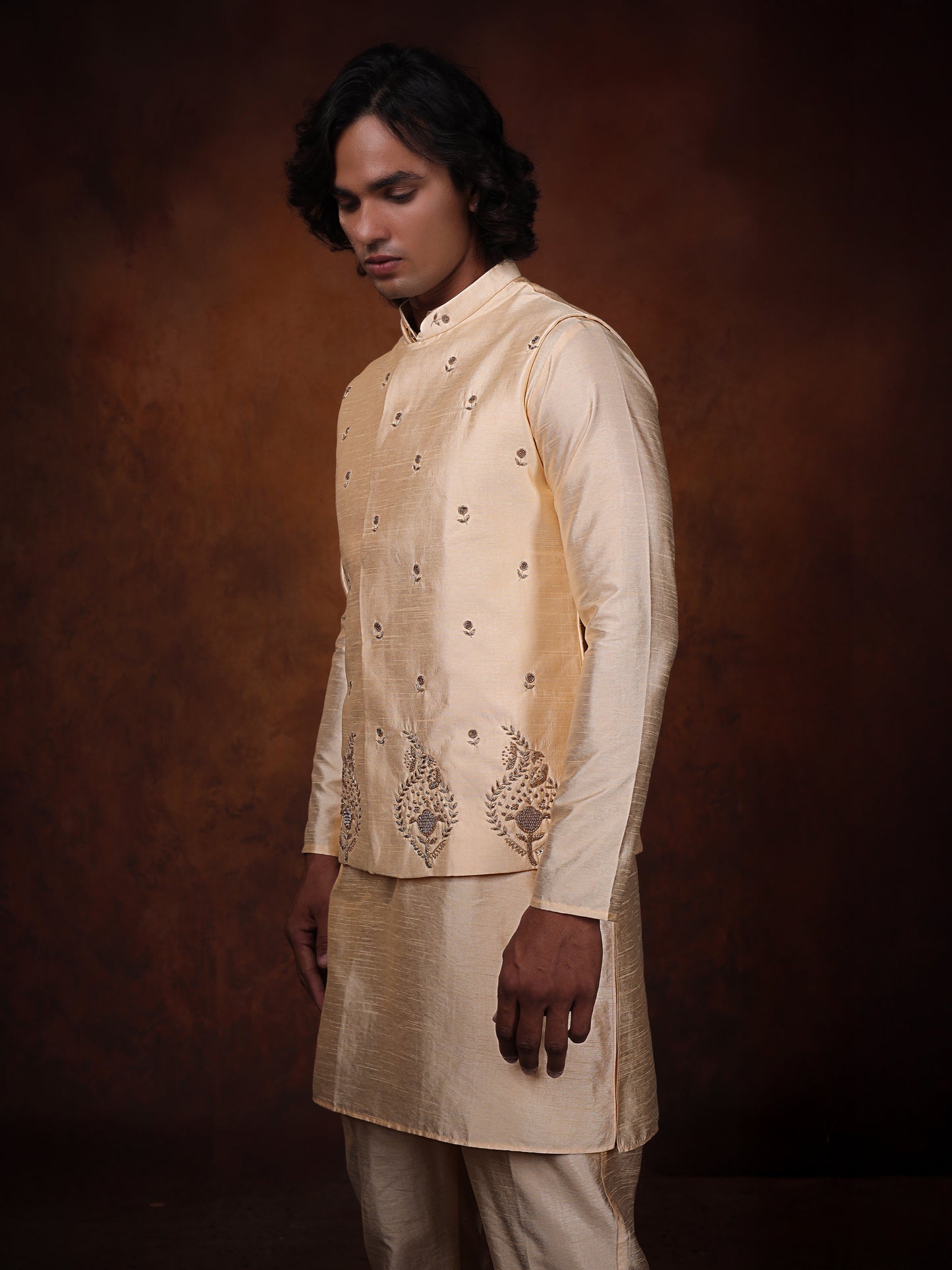 Ivory Dupion Silk Kurta With Embroidered Jecket