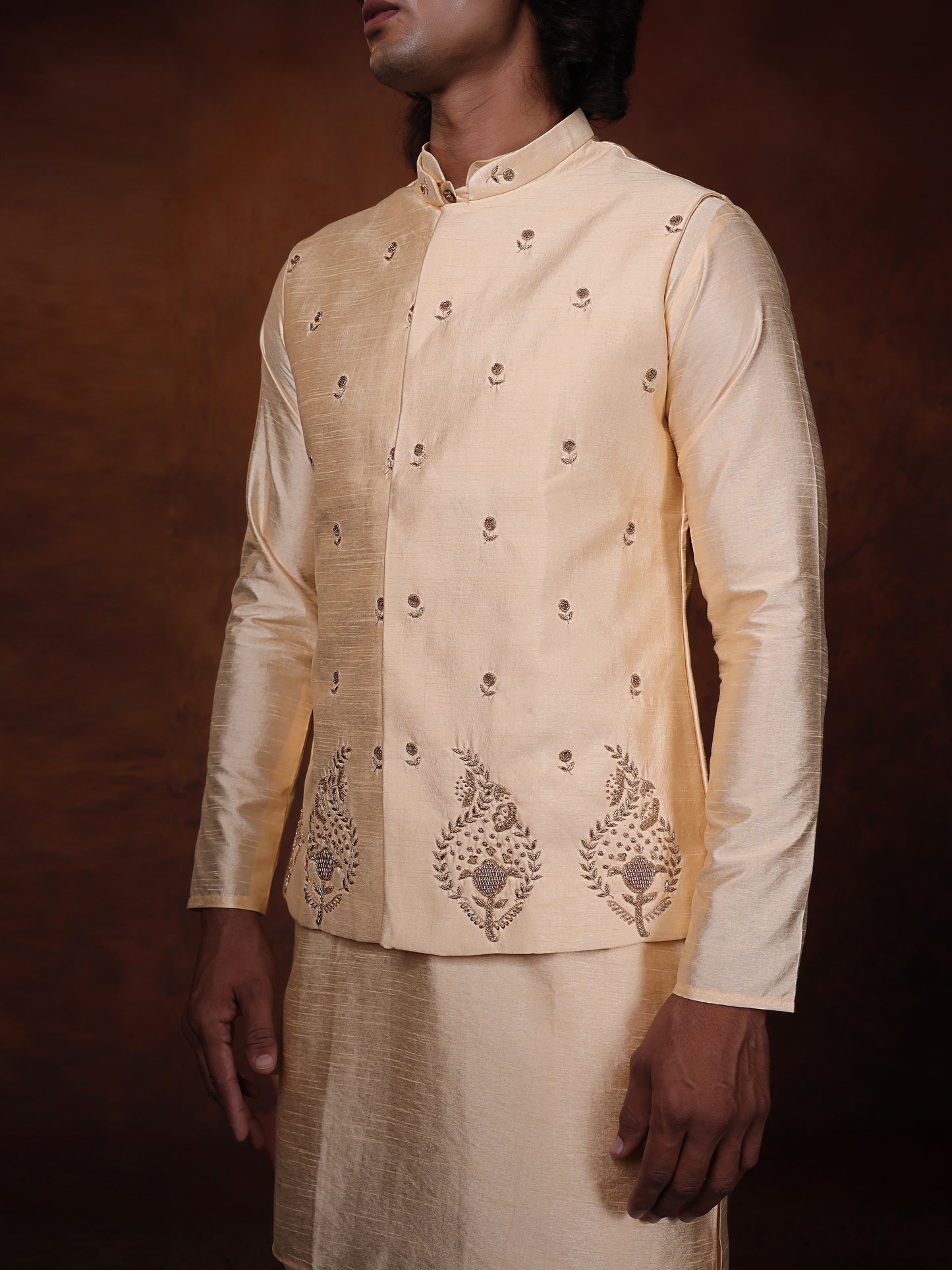 Ivory Dupion Silk Kurta With Embroidered Jecket