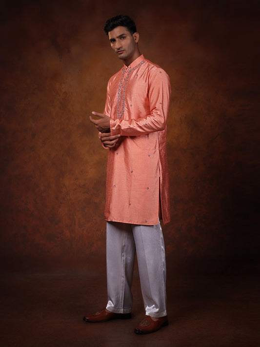 Coral pink minimalistic pitta work Kurta with off white straight pant