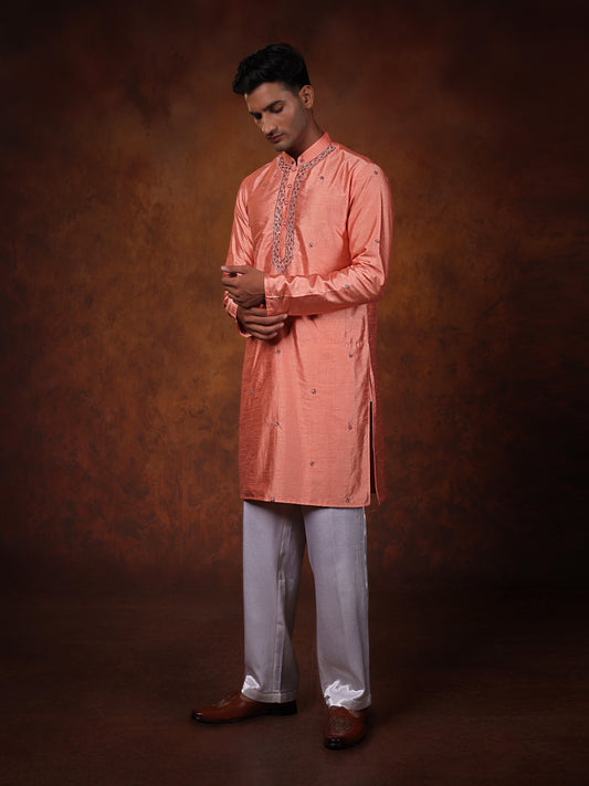 Coral pink minimalistic pitta work Kurta with off white straight pant