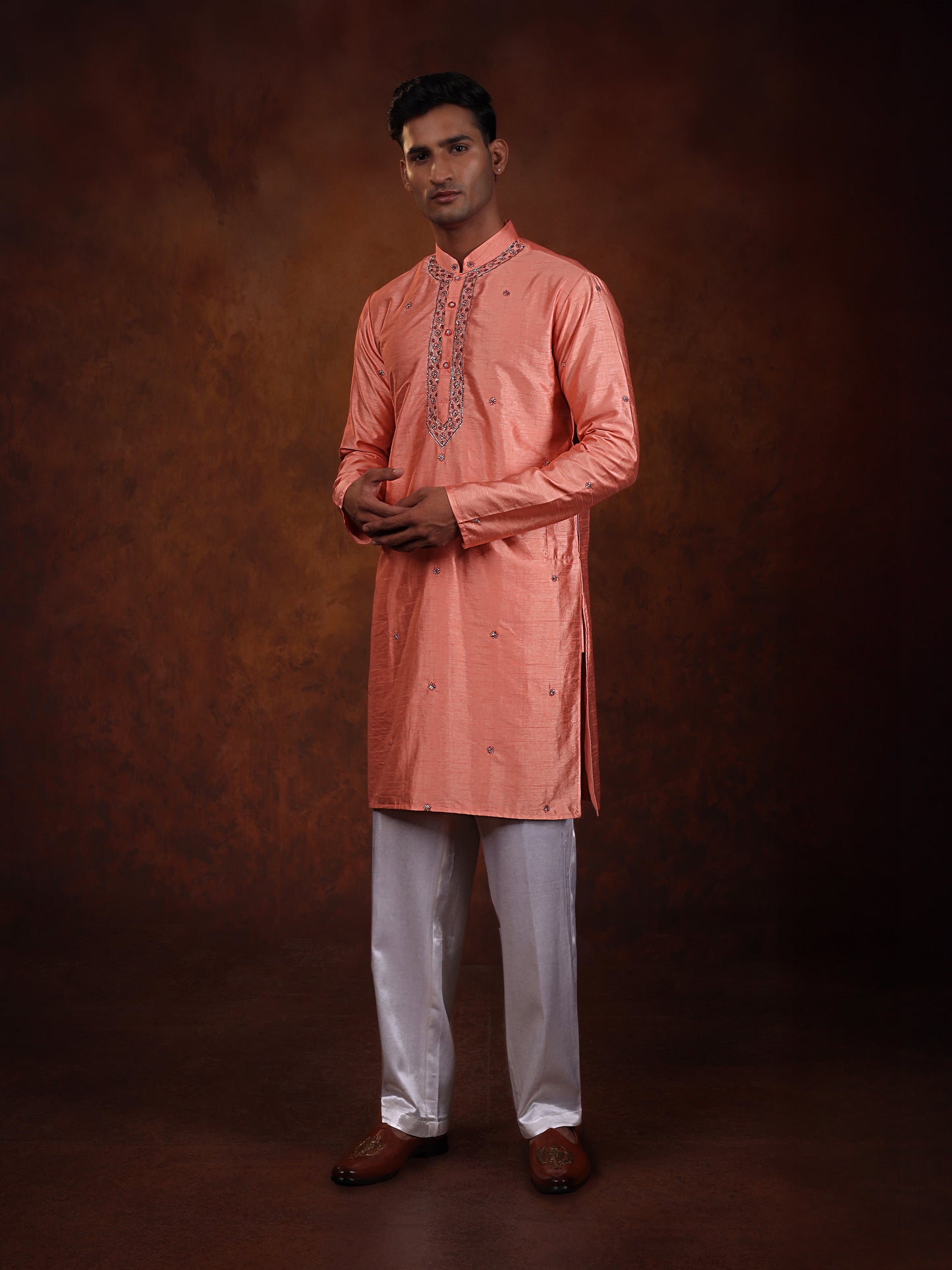 Coral pink minimalistic pitta work Kurta with off white straight pant