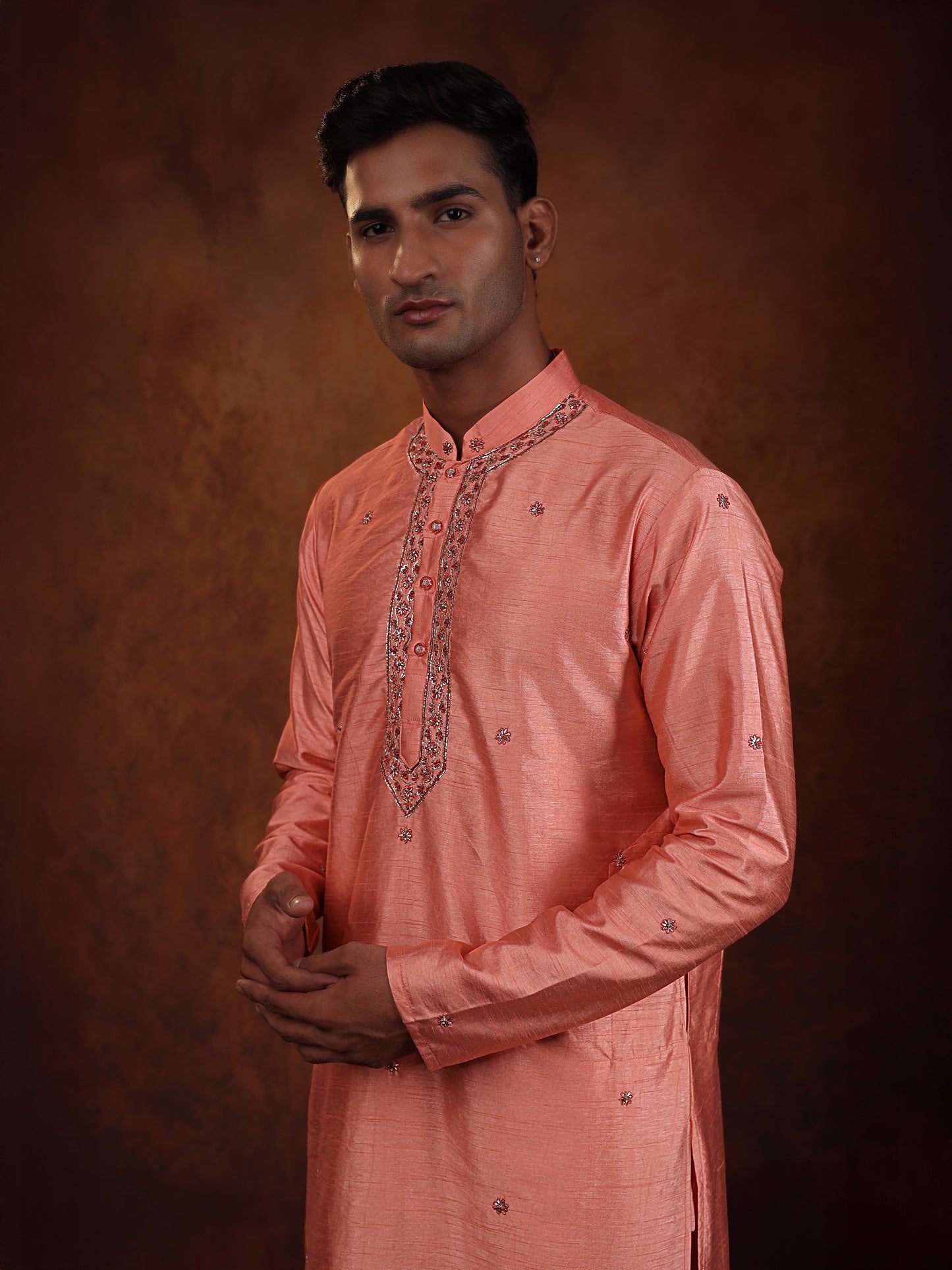 Coral pink minimalistic pitta work Kurta with off white straight pant