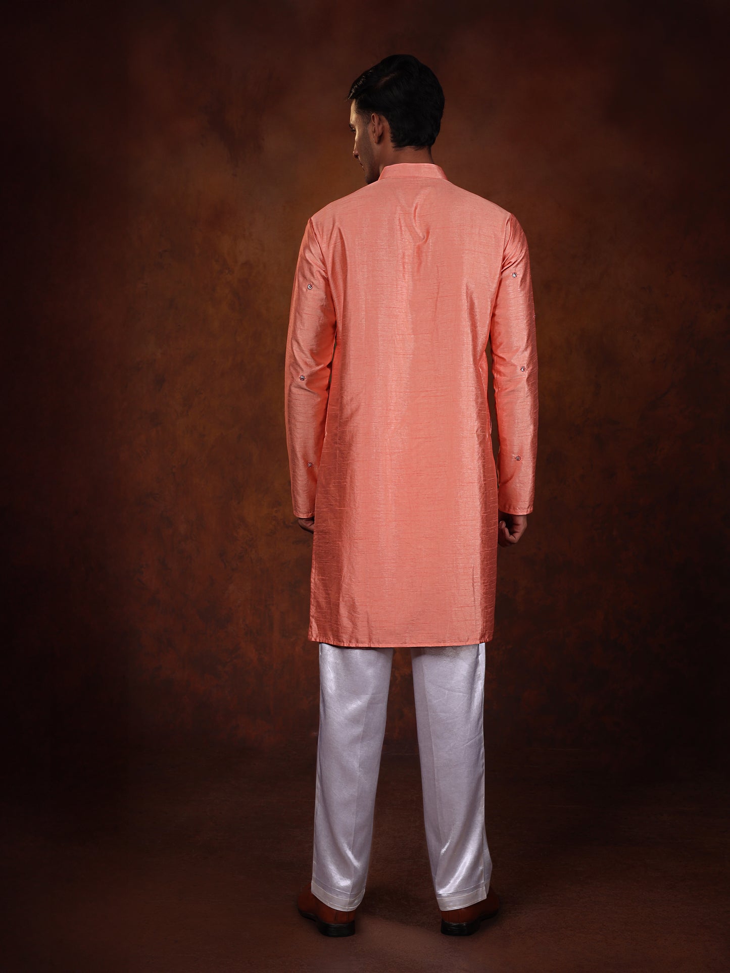 Coral pink minimalistic pitta work Kurta with off white straight pant