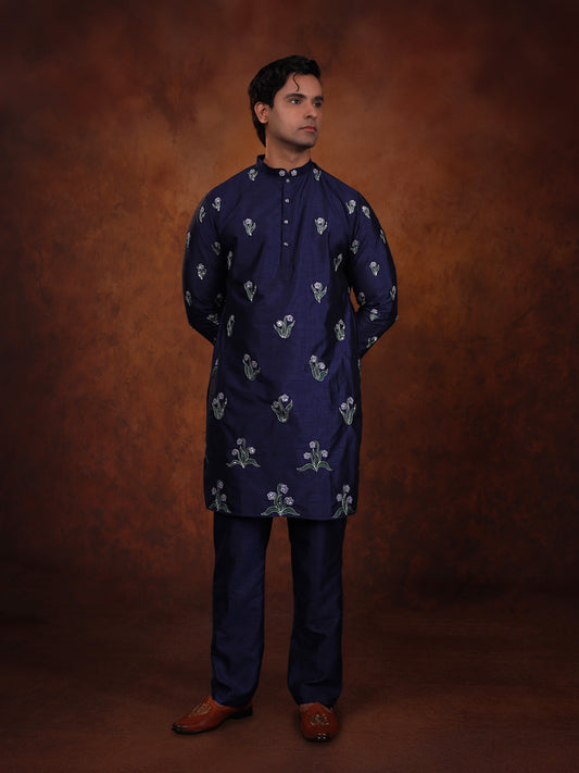 Midnight Bloom Embroidered Dupion Silk Kurta Set