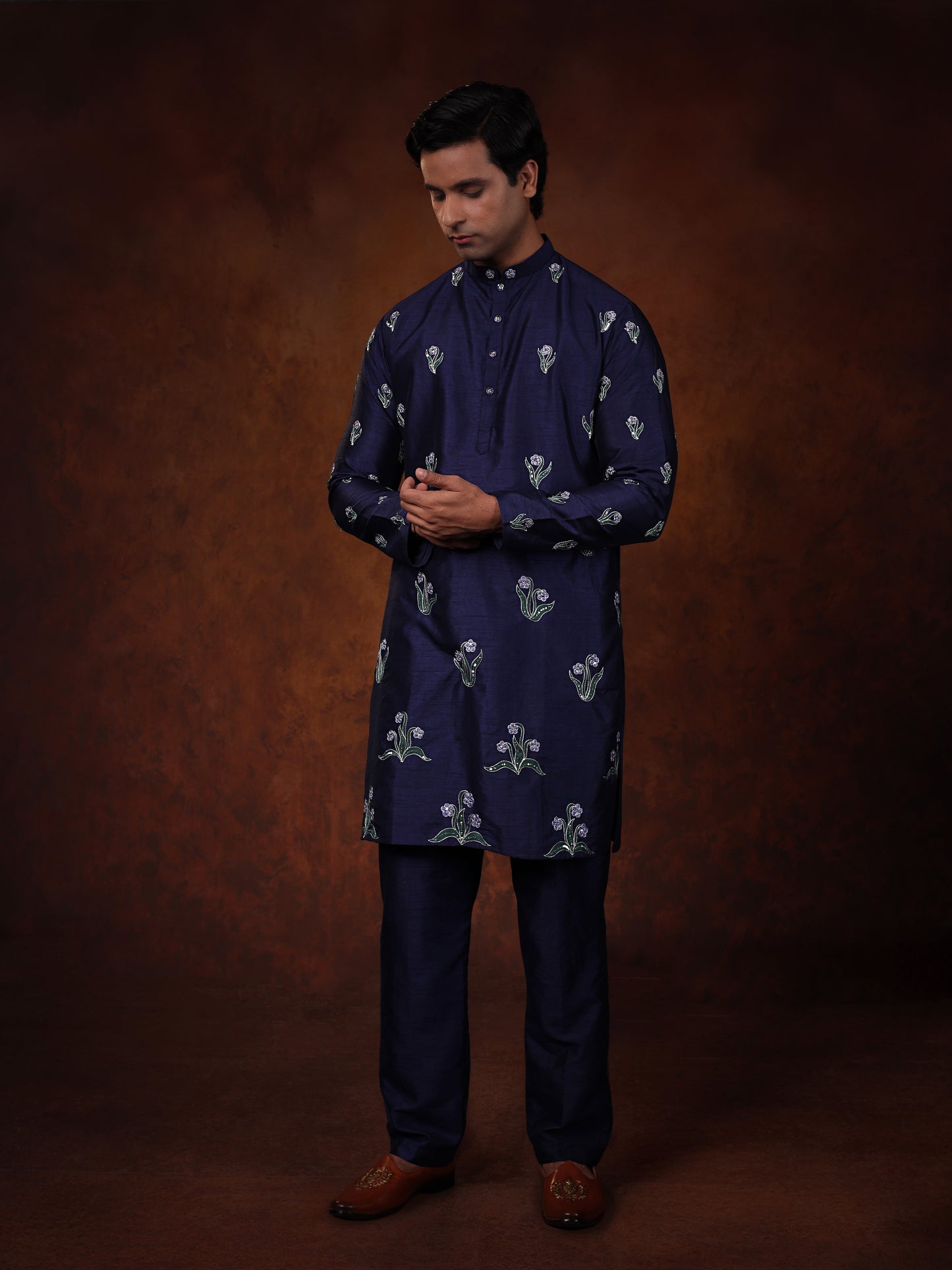 Midnight Bloom Embroidered Dupion Silk Kurta Set