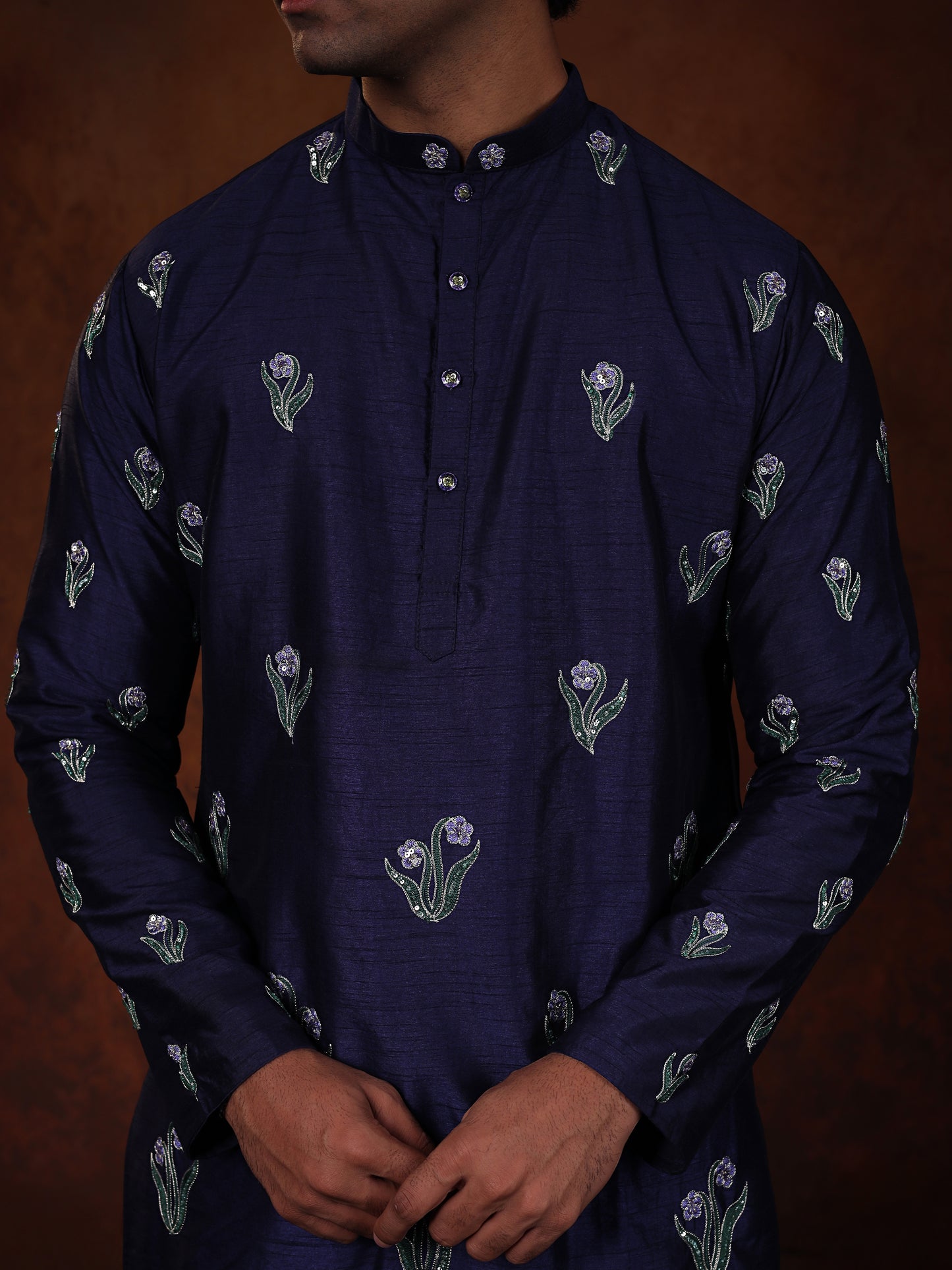 Midnight Bloom Embroidered Dupion Silk Kurta Set