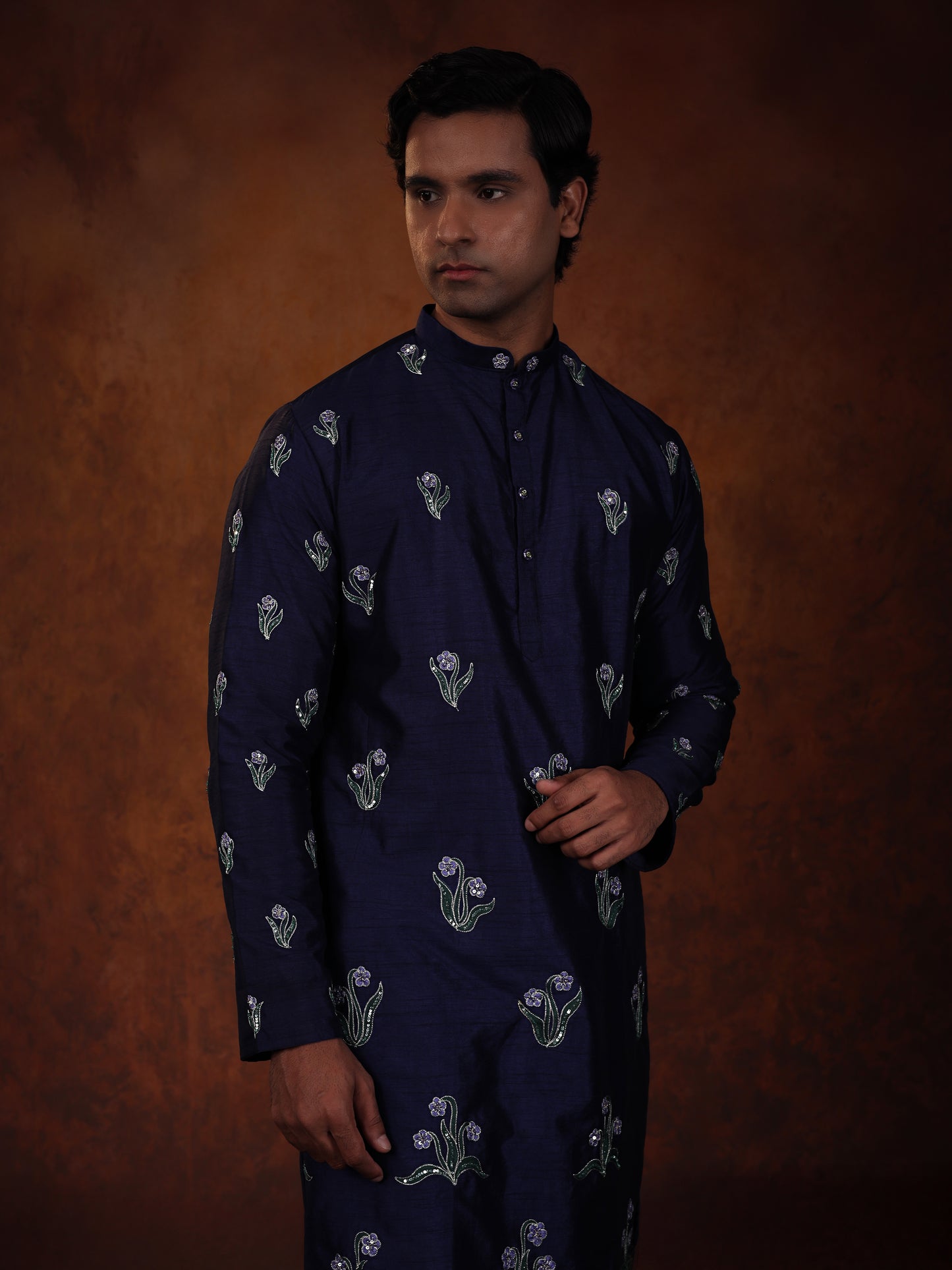 Midnight Bloom Embroidered Dupion Silk Kurta Set