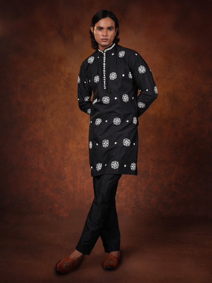 Black Dupion Silk Kurta Set  with Hand-Embroidered Motifs