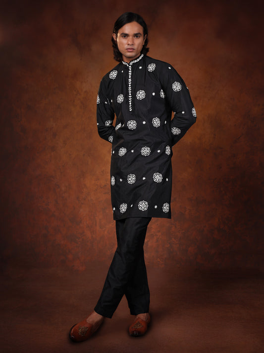 Black Dupion Silk Kurta Set  with Hand-Embroidered Motifs