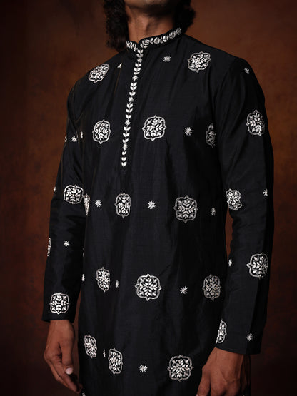 Black Dupion Silk Kurta Set  with Hand-Embroidered Motifs