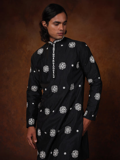 Black Dupion Silk Kurta Set  with Hand-Embroidered Motifs