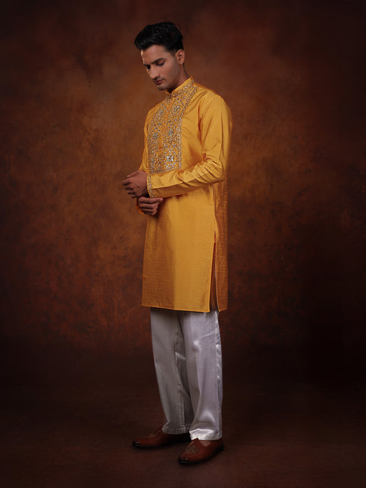 Mustered yellow intricate pitta work with off white straight pant