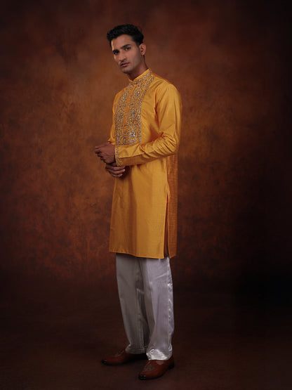 Mustered yellow intricate pitta work with off white straight pant