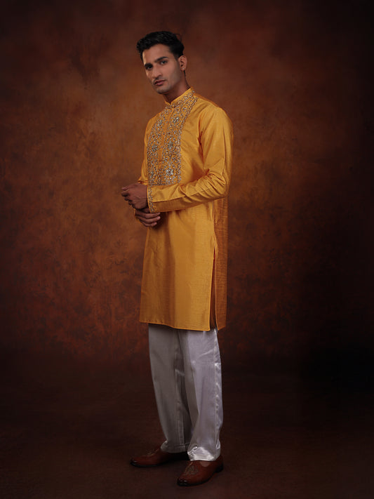 Mustered yellow intricate pitta work with off white straight pant