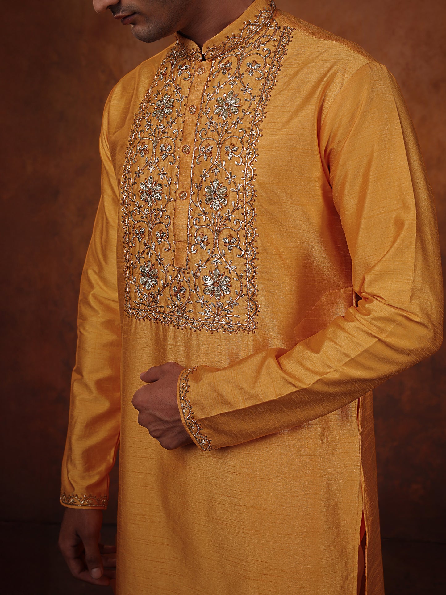Mustered yellow intricate pitta work with off white straight pant