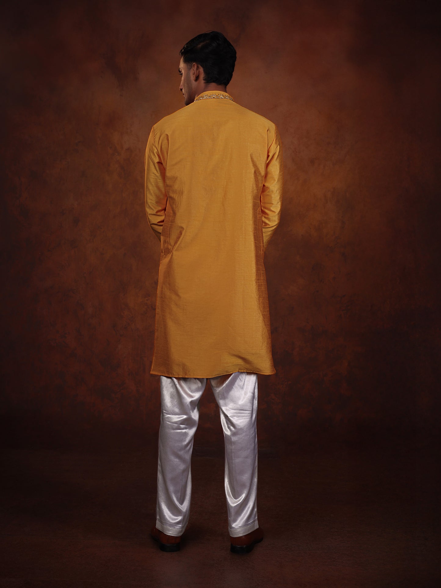 Mustered yellow intricate pitta work with off white straight pant