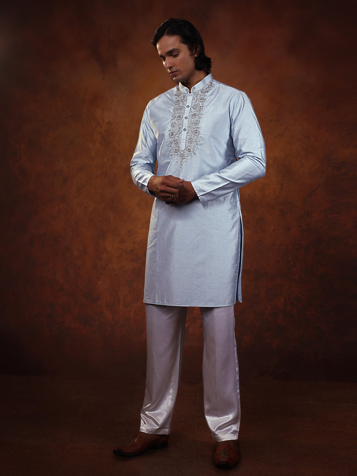 Powder Blue Dupion Kurta Set For Man