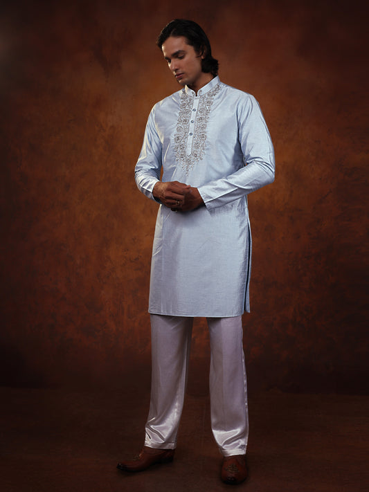 Powder Blue Dupion Kurta Set For Man