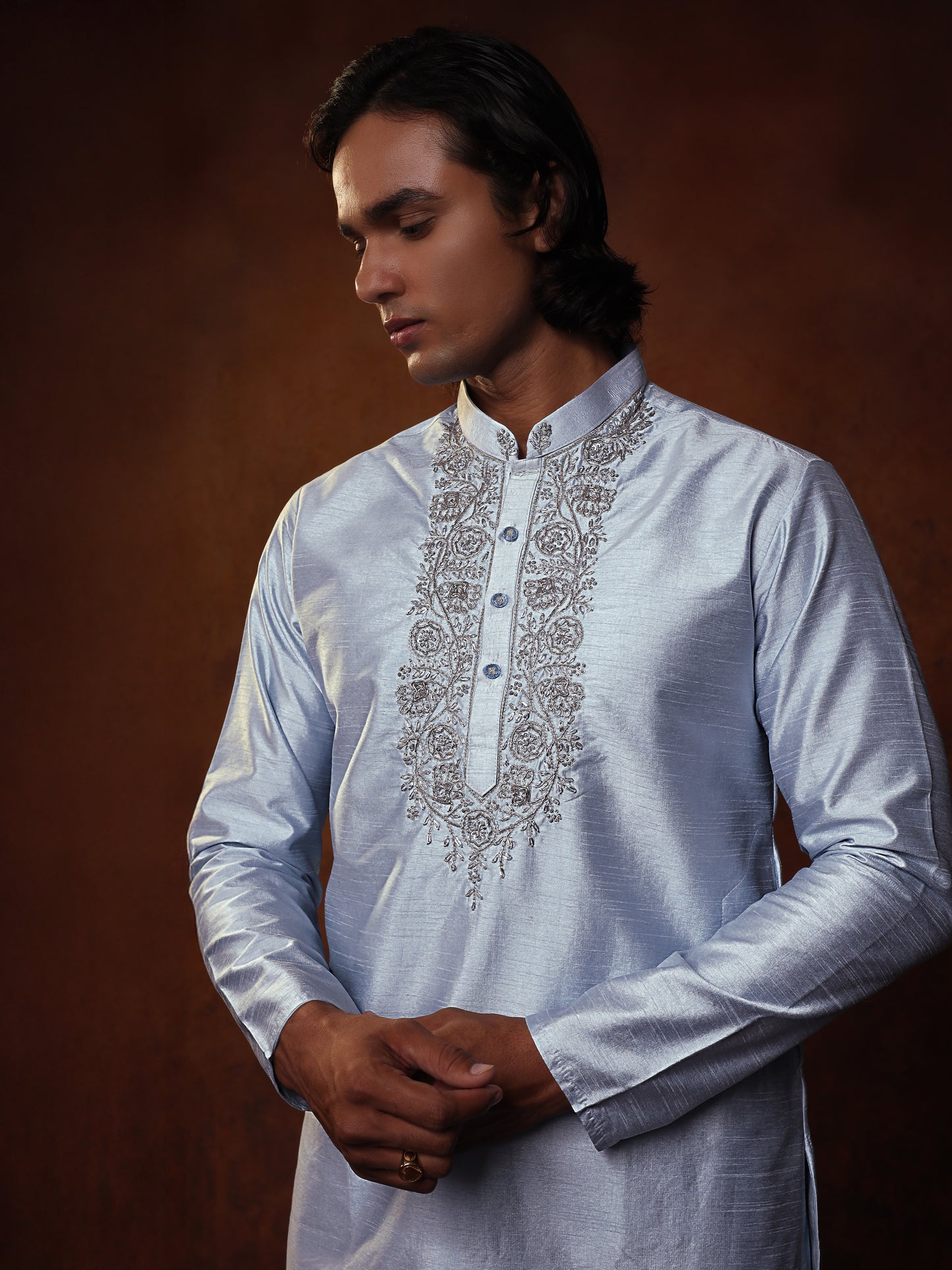 Powder Blue Dupion Kurta Set For Man