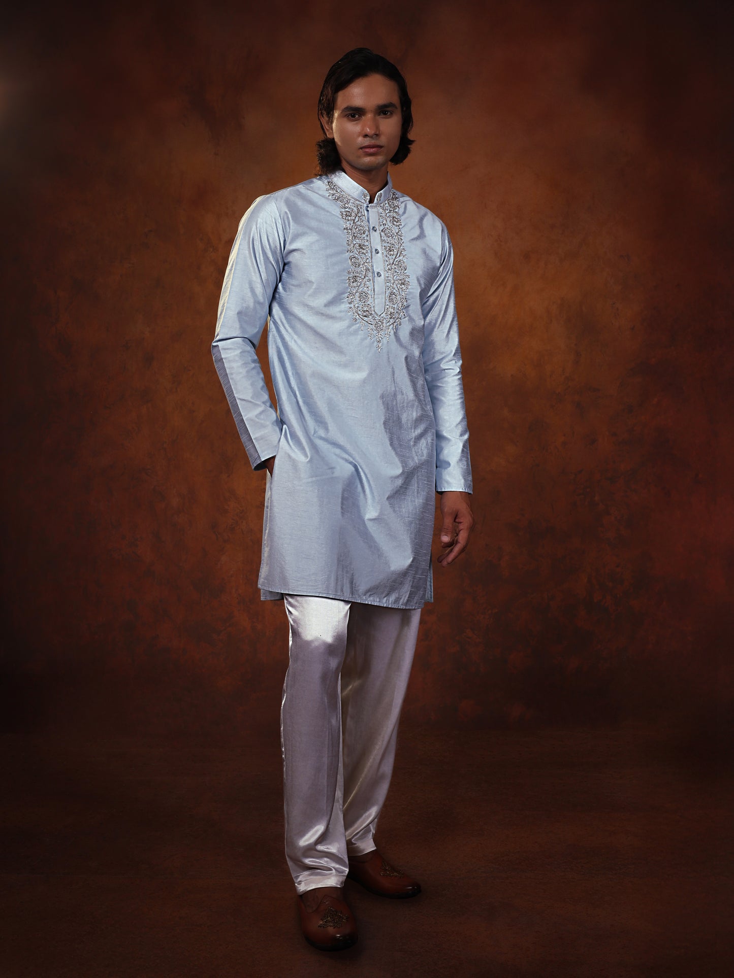 Powder Blue Dupion Kurta Set For Man