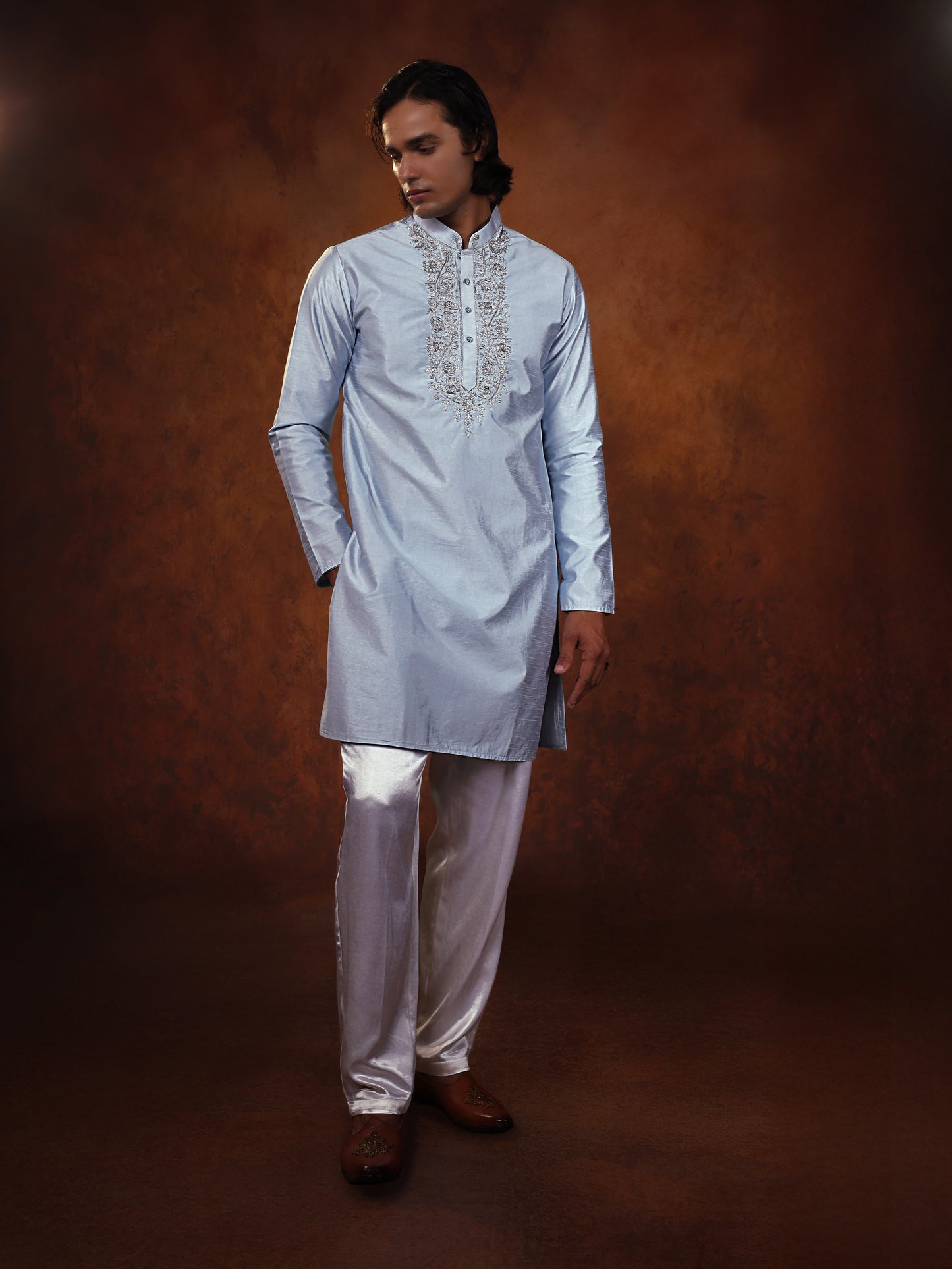 Powder Blue Dupion Kurta Set For Man