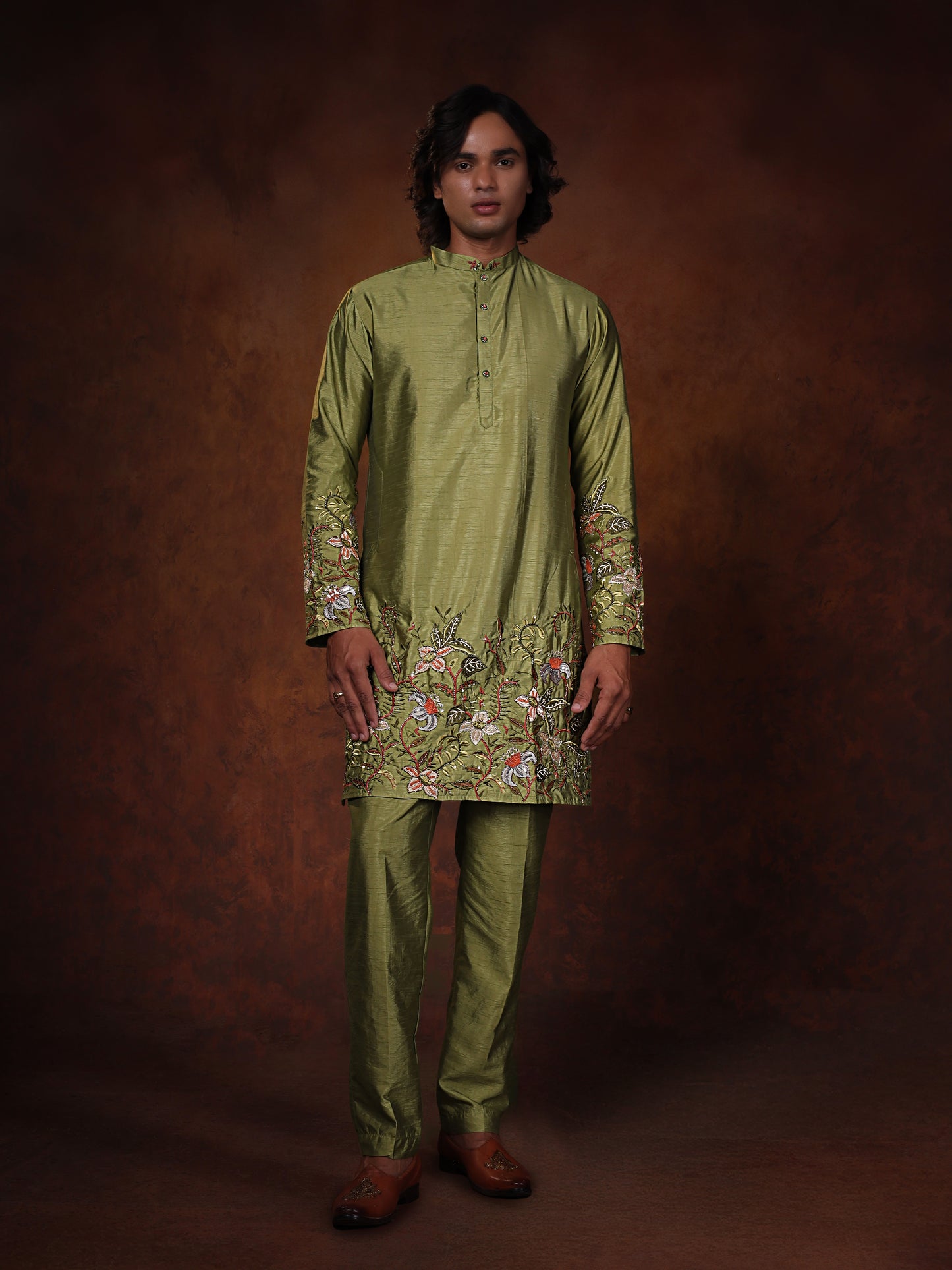 Sage Green Dupion Kurta With Flower Embroidered Kurta Set Form
