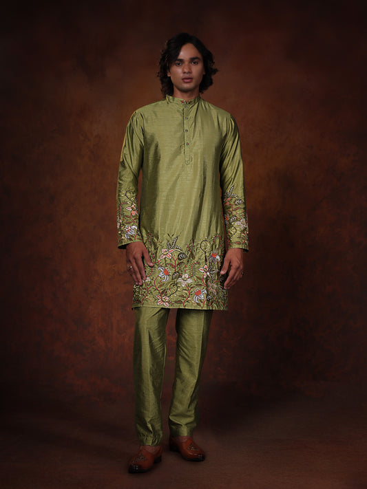 Sage Green Dupion Kurta With Flower Embroidered Kurta Set Form