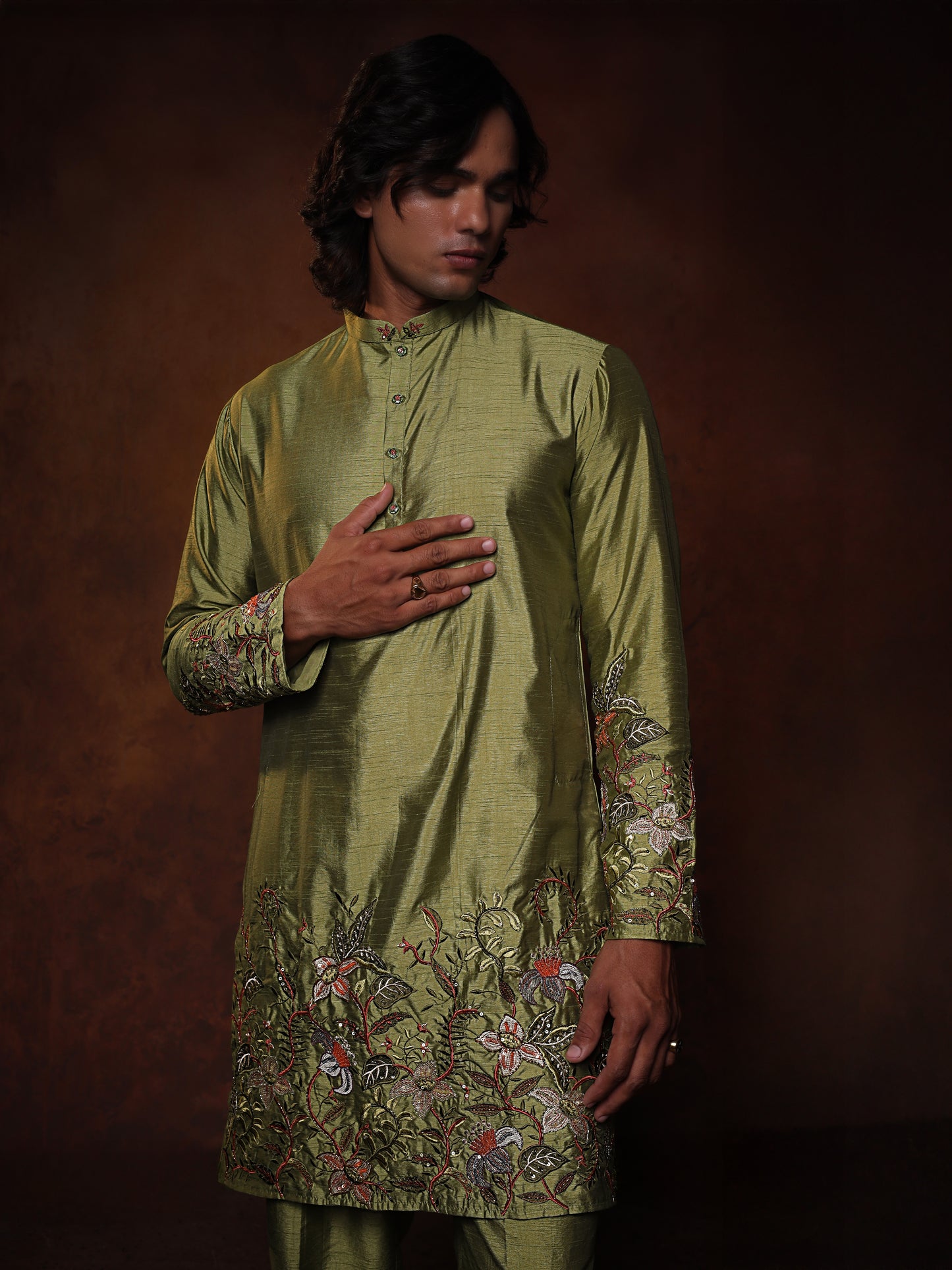 Sage Green Dupion Kurta With Flower Embroidered Kurta Set Form