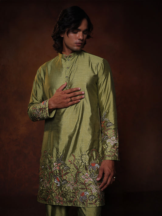 Sage Green Dupion Kurta With Flower Embroidered Kurta Set Form