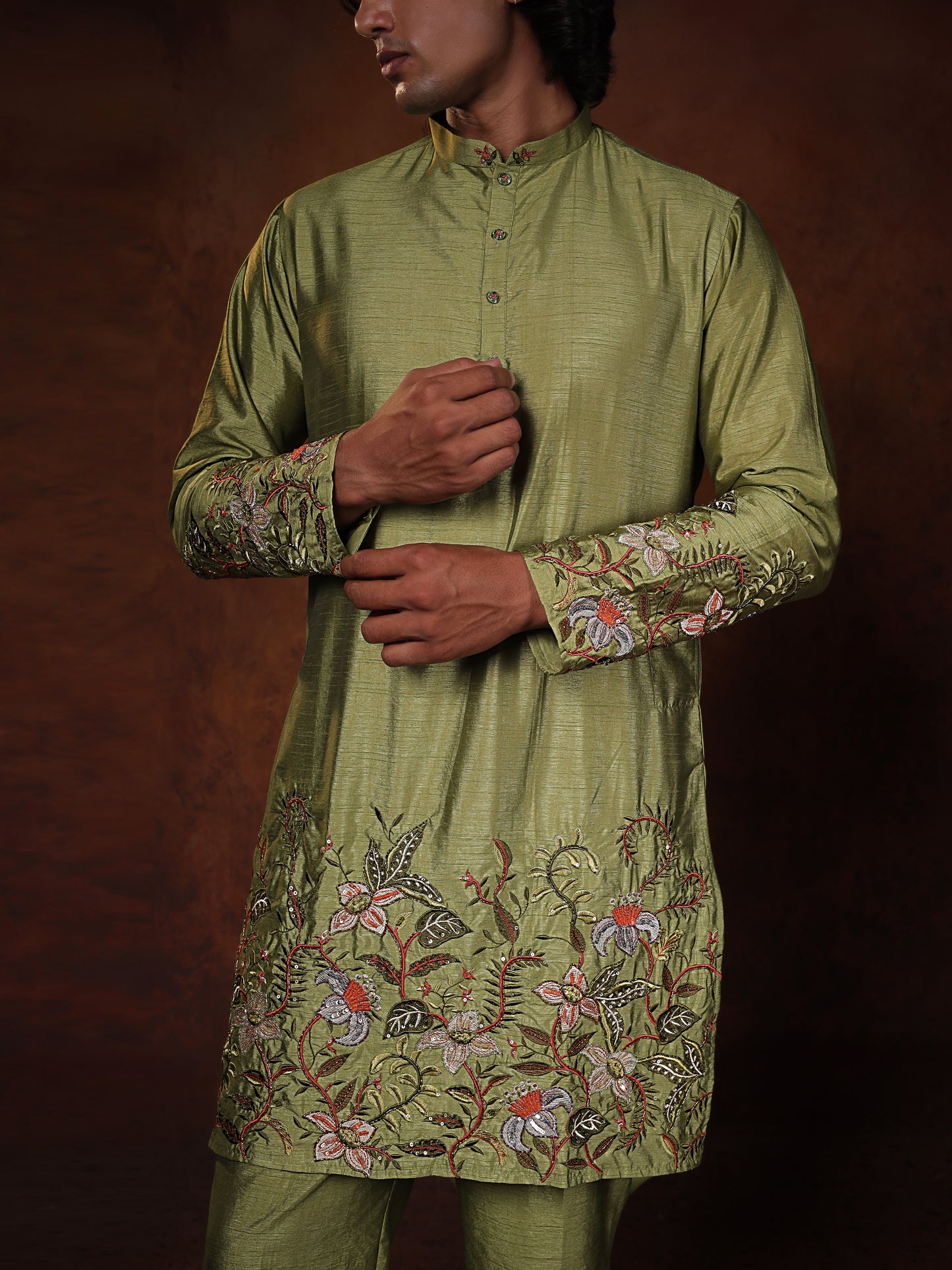 Sage Green Dupion Kurta With Flower Embroidered Kurta Set Form