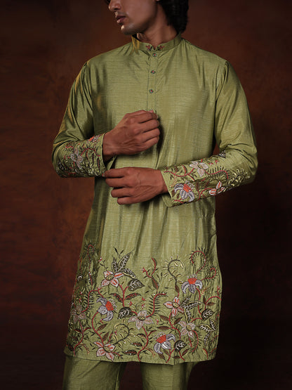 Sage Green Dupion Kurta With Flower Embroidered Kurta Set Form