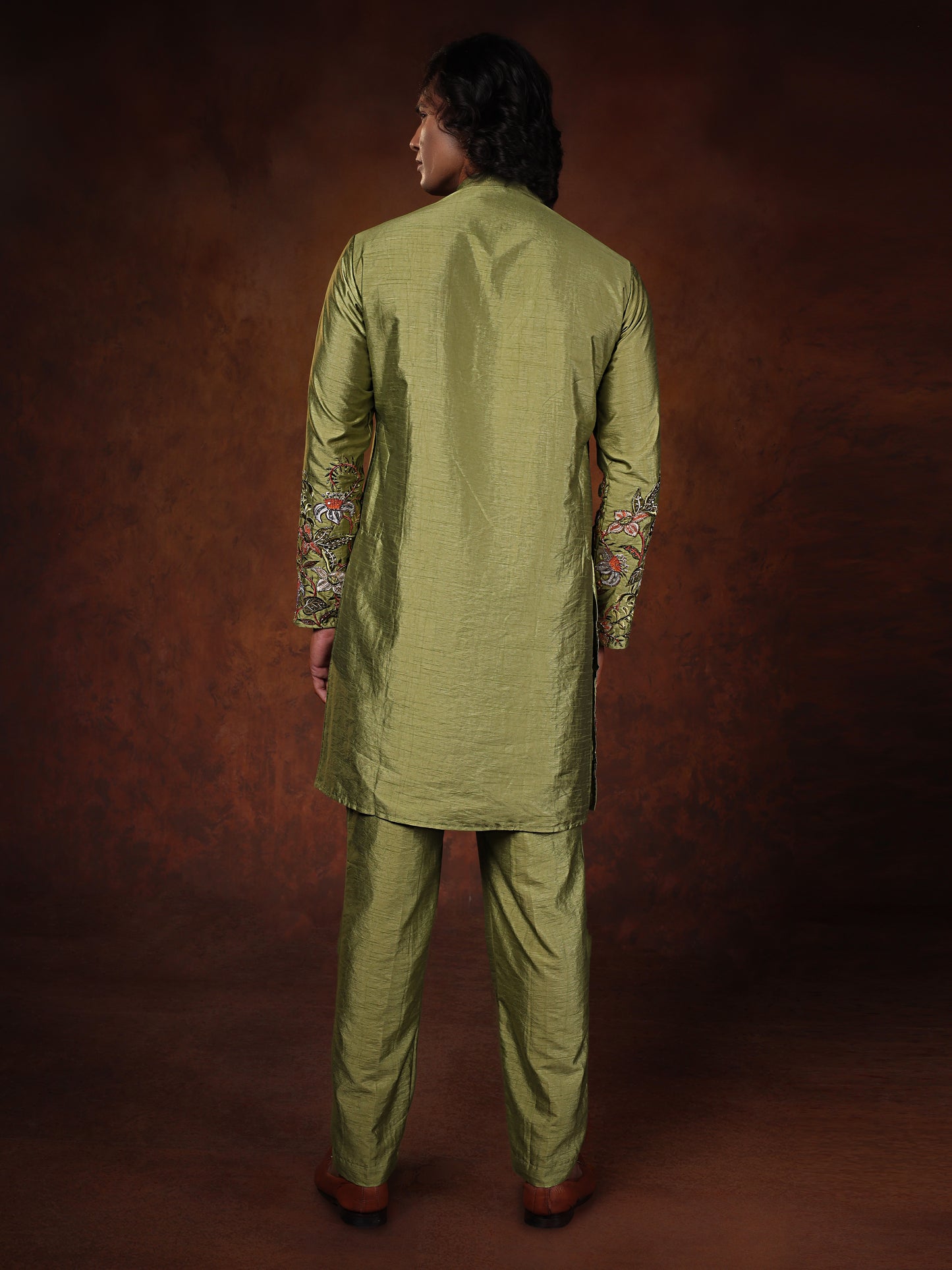 Sage Green Dupion Kurta With Flower Embroidered Kurta Set Form