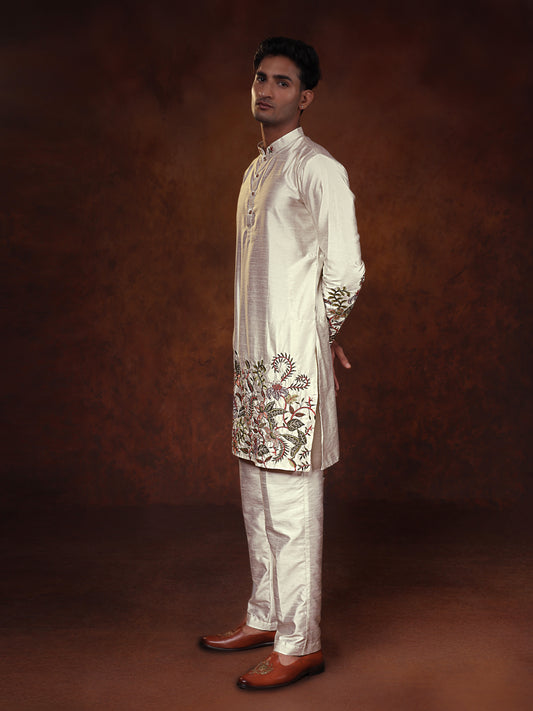 Off White Dupion Kurta With Flower Embroidered Kurta Set For Man