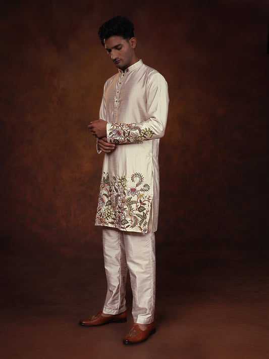 Off White Dupion Kurta With Flower Embroidered Kurta Set For Man
