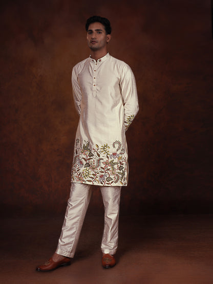 Off White Dupion Kurta With Flower Embroidered Kurta Set For Man