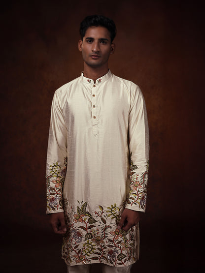 Off White Dupion Kurta With Flower Embroidered Kurta Set For Man