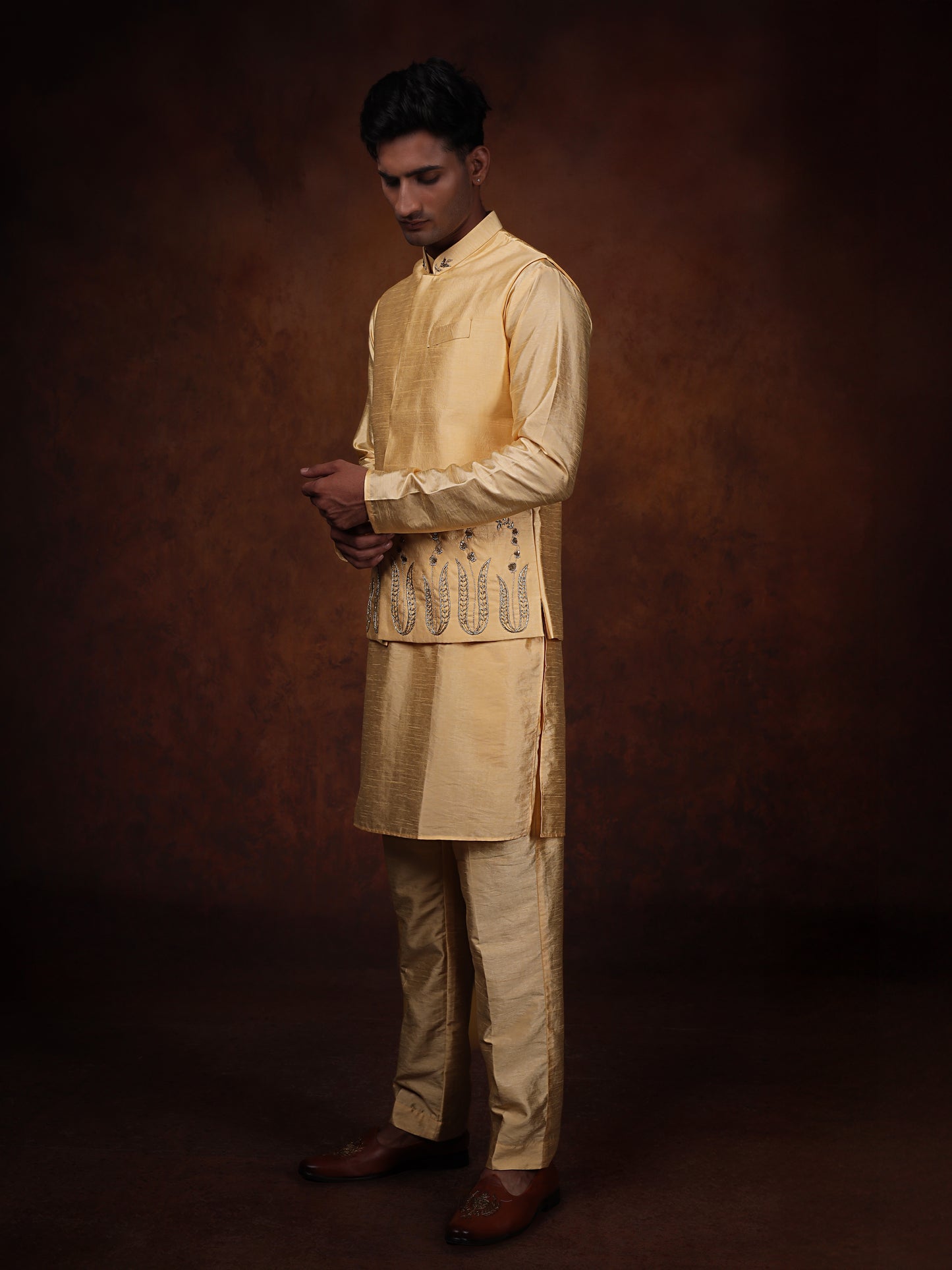 Warm gold Dupion Silk Kurta with Embroidered Jacket