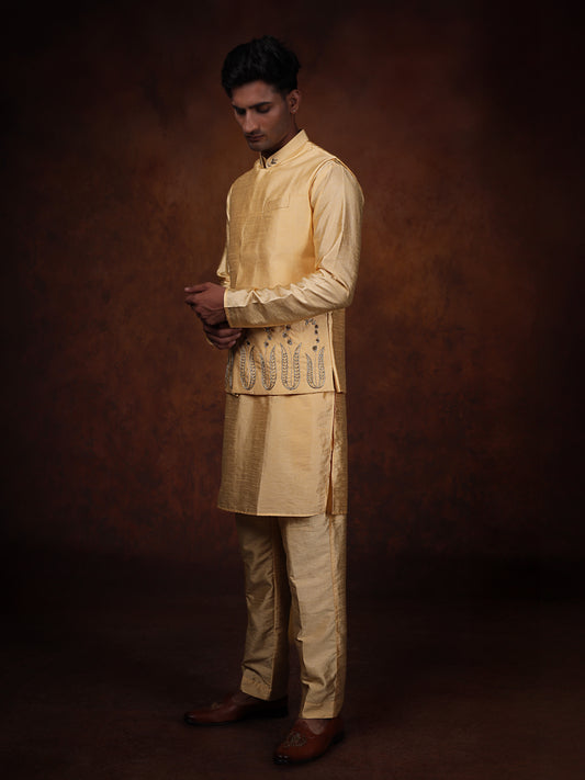 Warm gold Dupion Silk Kurta with Embroidered Jacket