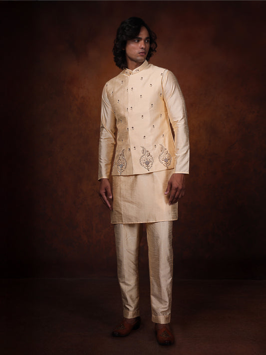 Ivory Dupion Silk Kurta With Embroidered Jecket