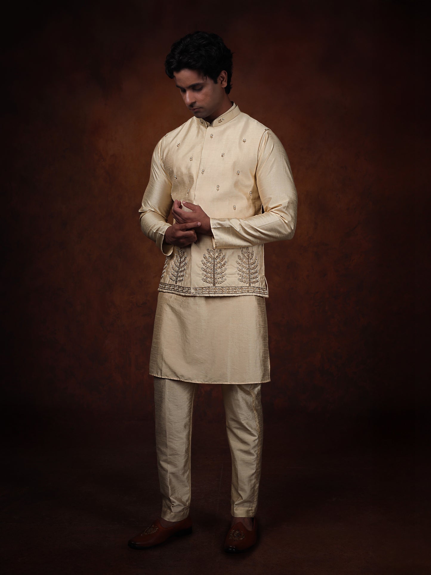 Ivory Dupion Silk Kurta with Embroidered Jacket