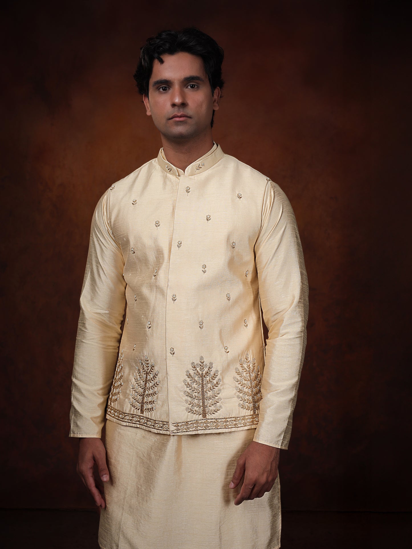 Ivory Dupion Silk Kurta with Embroidered Jacket