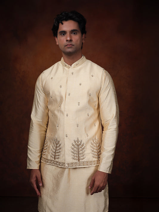 Ivory Dupion Silk Kurta with Embroidered Jacket