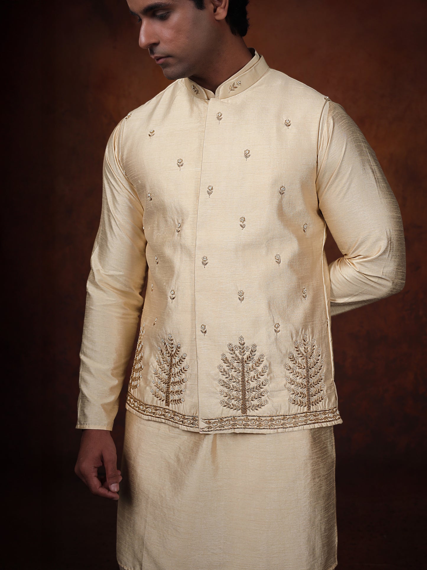Ivory Dupion Silk Kurta with Embroidered Jacket